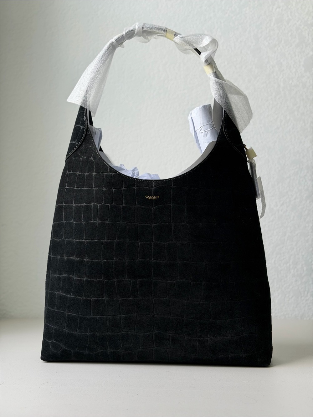 Coach Brooklyn 39 Black Croc-Embossed Suede Hobo Bag